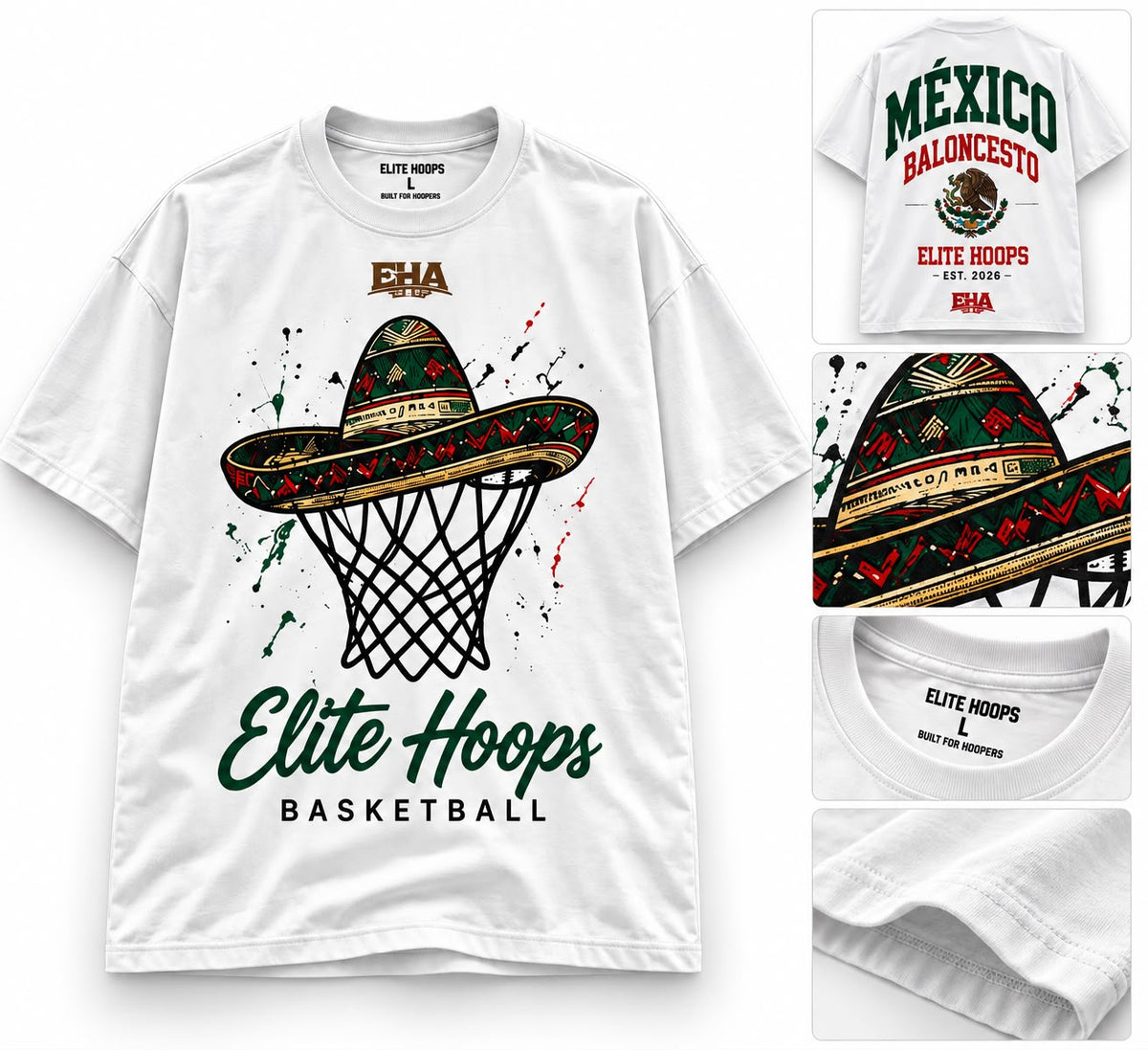 EHA Hoop Mexicano - Playera Mes Patrio, diseño frontal y trasero con sombrero en aro de basketball