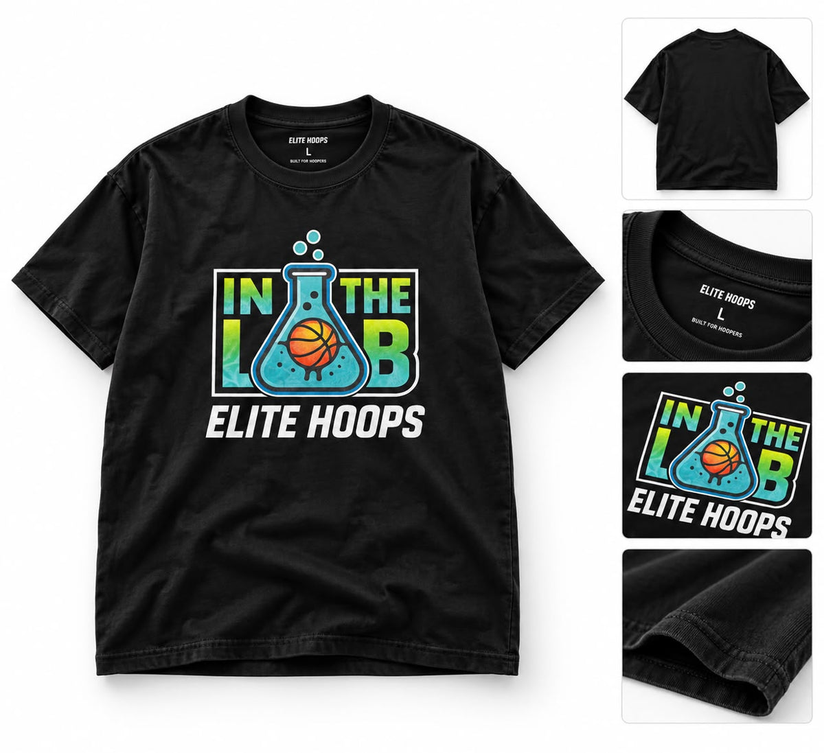 Playera In The Lab Elite Hoops - negra con gráfico colorido de baloncesto